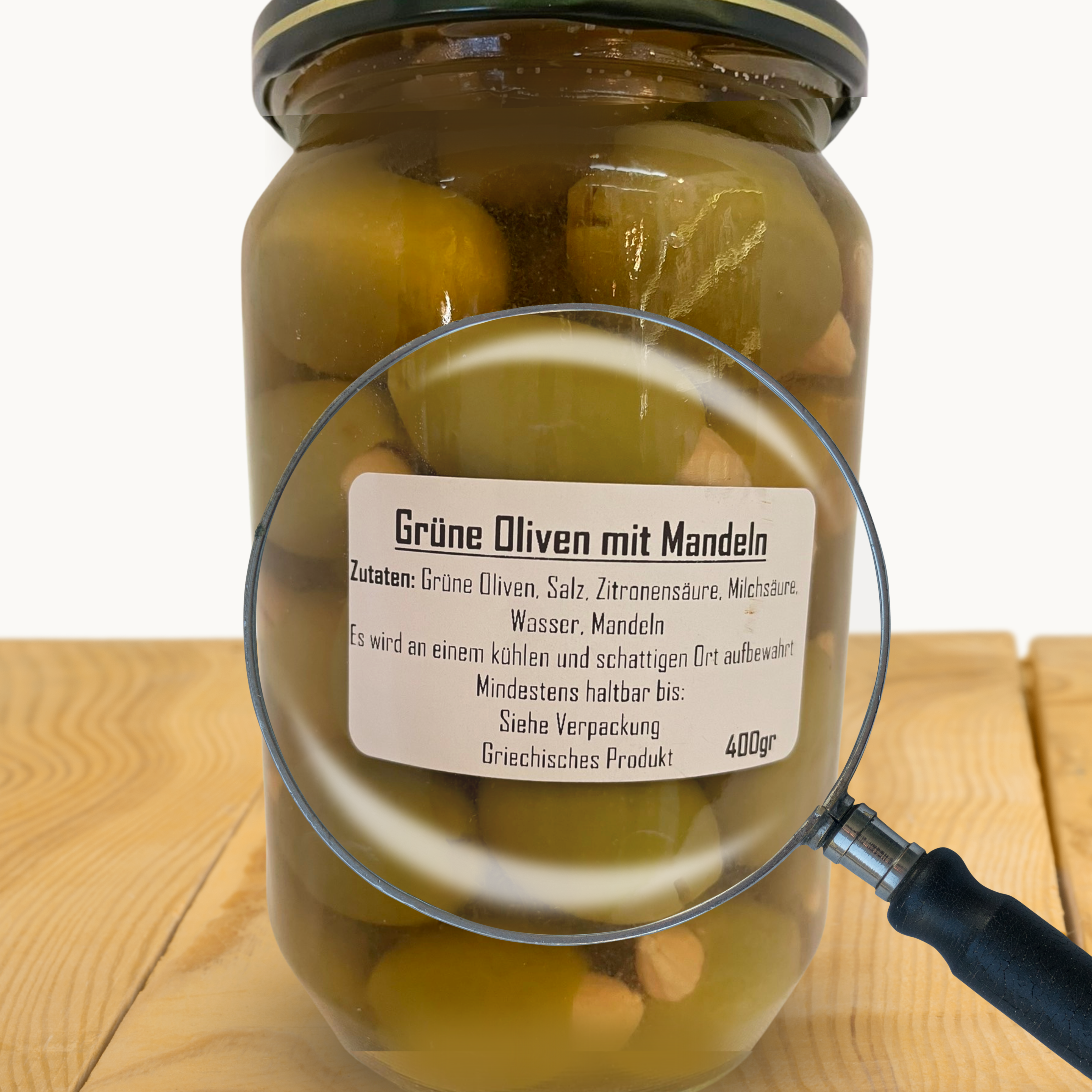 LAKARA Grüne Oliven gefüllt mit Mandeln, in Lake, 420gr. im Glas