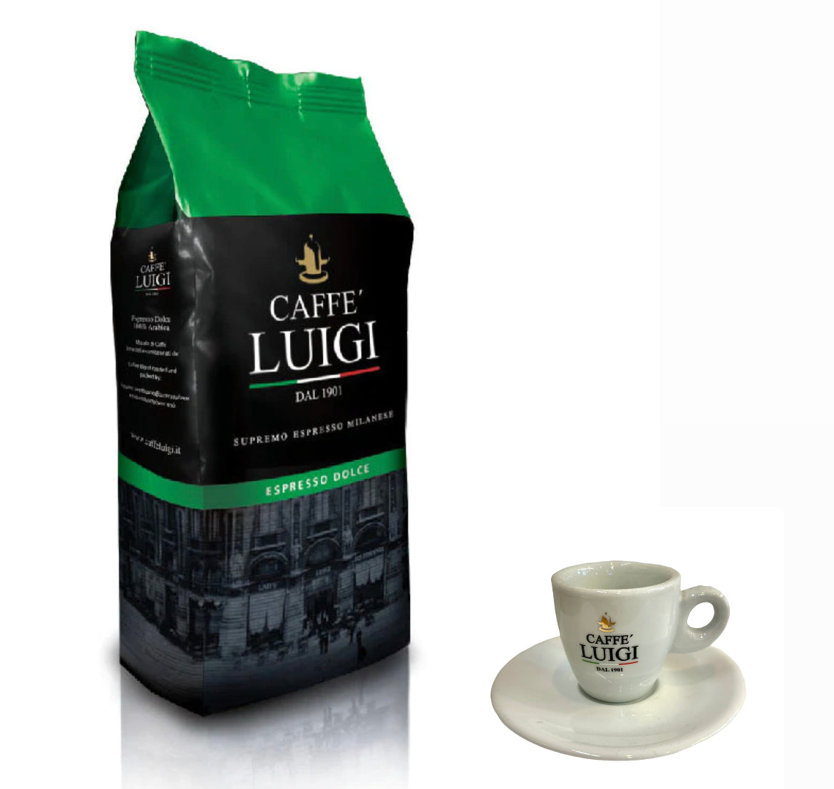 Espresso DOLCE Bohnen Beans 1Kg Caffe 'Luigi 100% Arabica + 1 Espresso Tasse Weiß