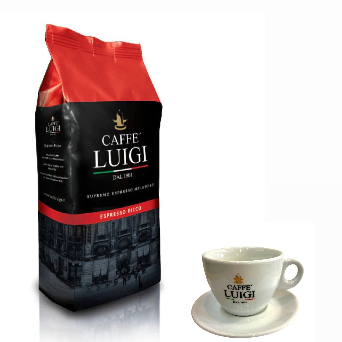 Espresso RICCO Bohnen 1Kg Caffe 'Luigi Ganze Espresso Bohnen Arabica - Robusta + 1 Cappuccino Tasse Klein