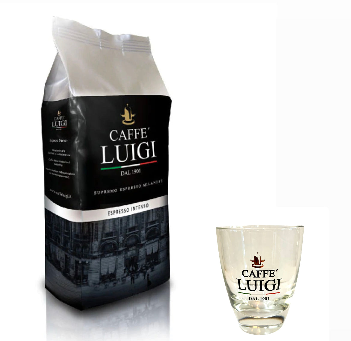 Espresso INTENSO Bohnen Beans 1Kg Caffe 'Luigi Arabica - Robusta Bohnen + 1 Freddo Cappuccino Glas