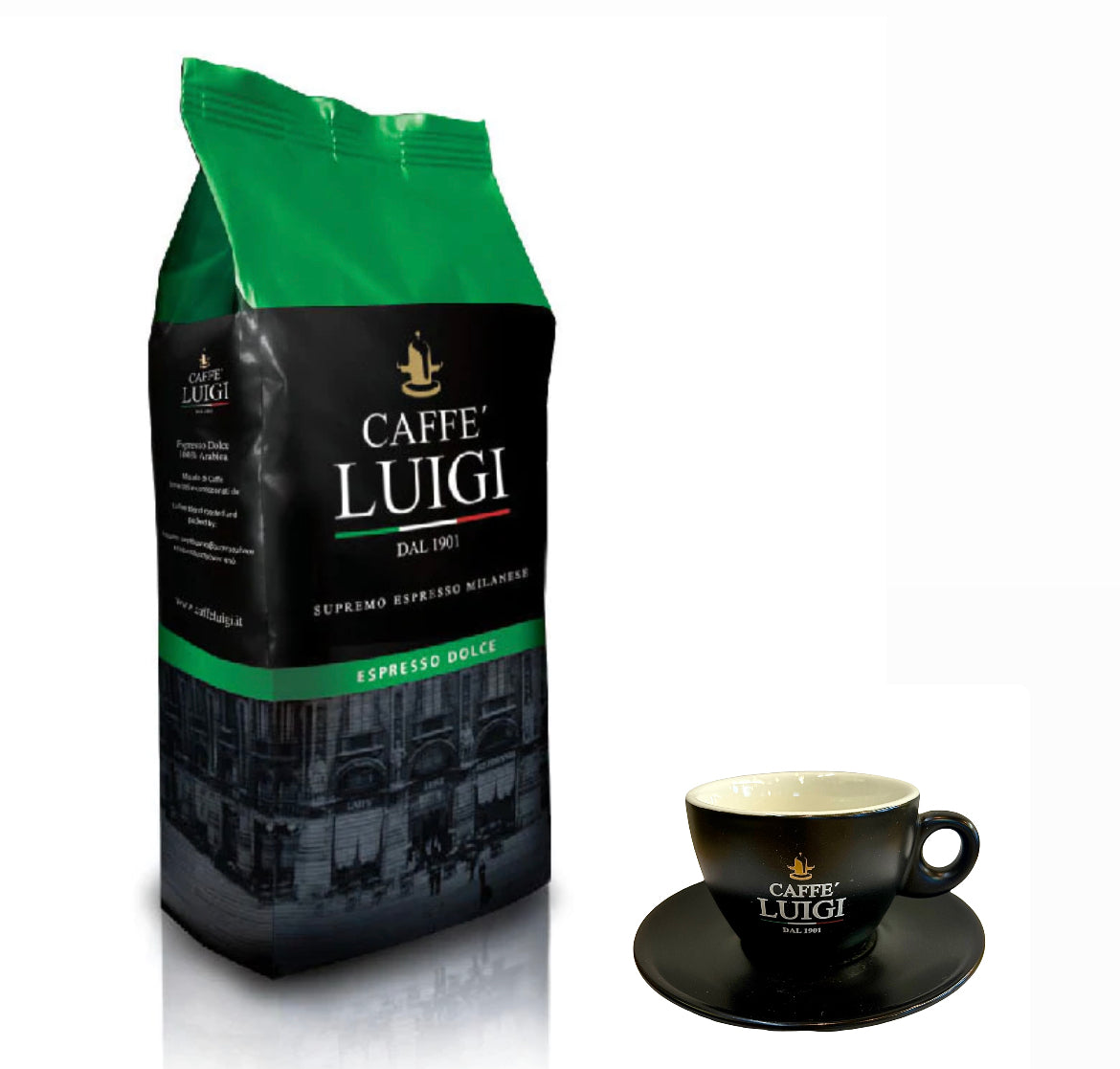 Espresso DOLCE Bohnen Beans 1Kg Caffe 'Luigi 100% Arabica + 1 Cappuccino Tasse Klein