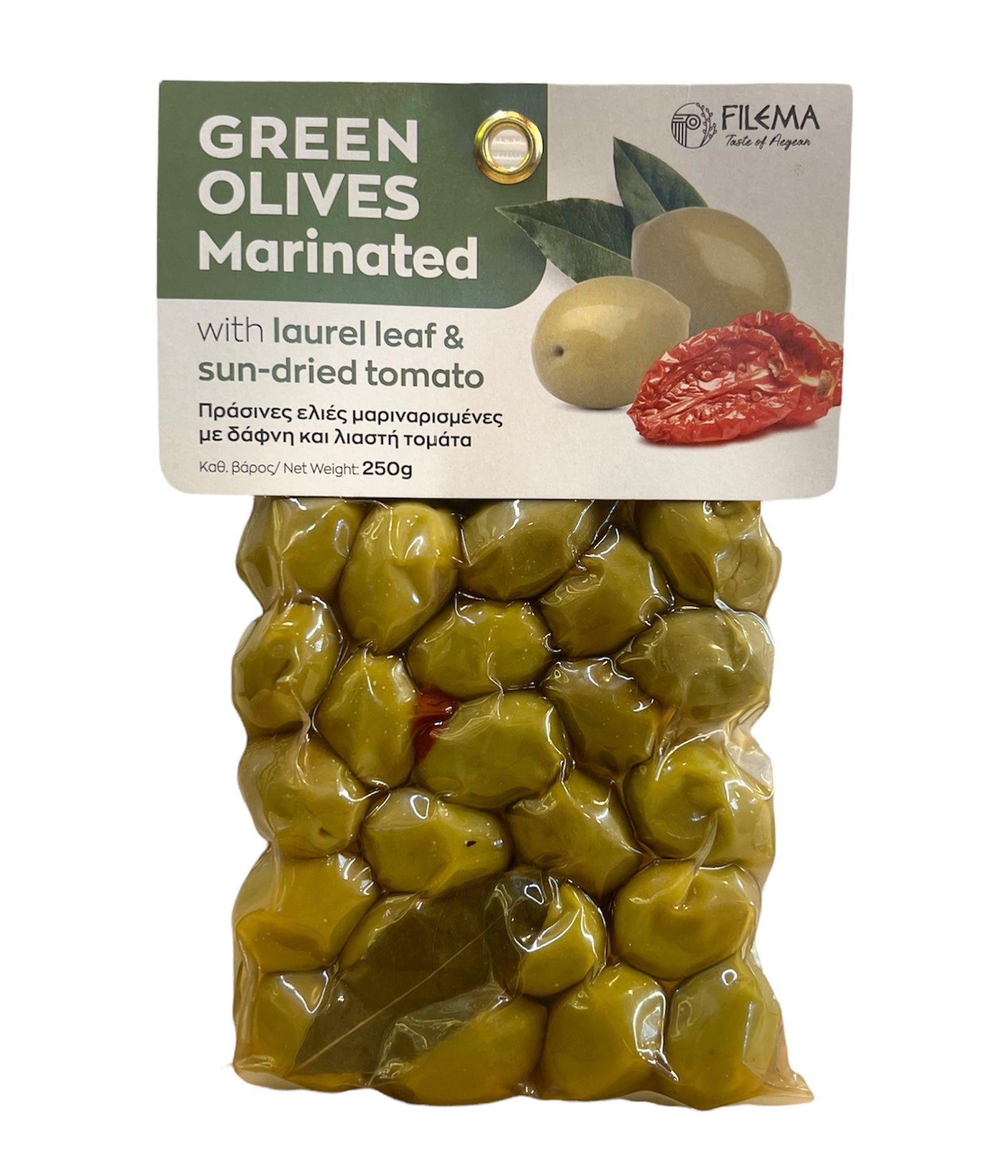 Grüne Oliven mariniert mit Lorbeerblatt Delifood Tomaten getrockneten – Filema Pantera 